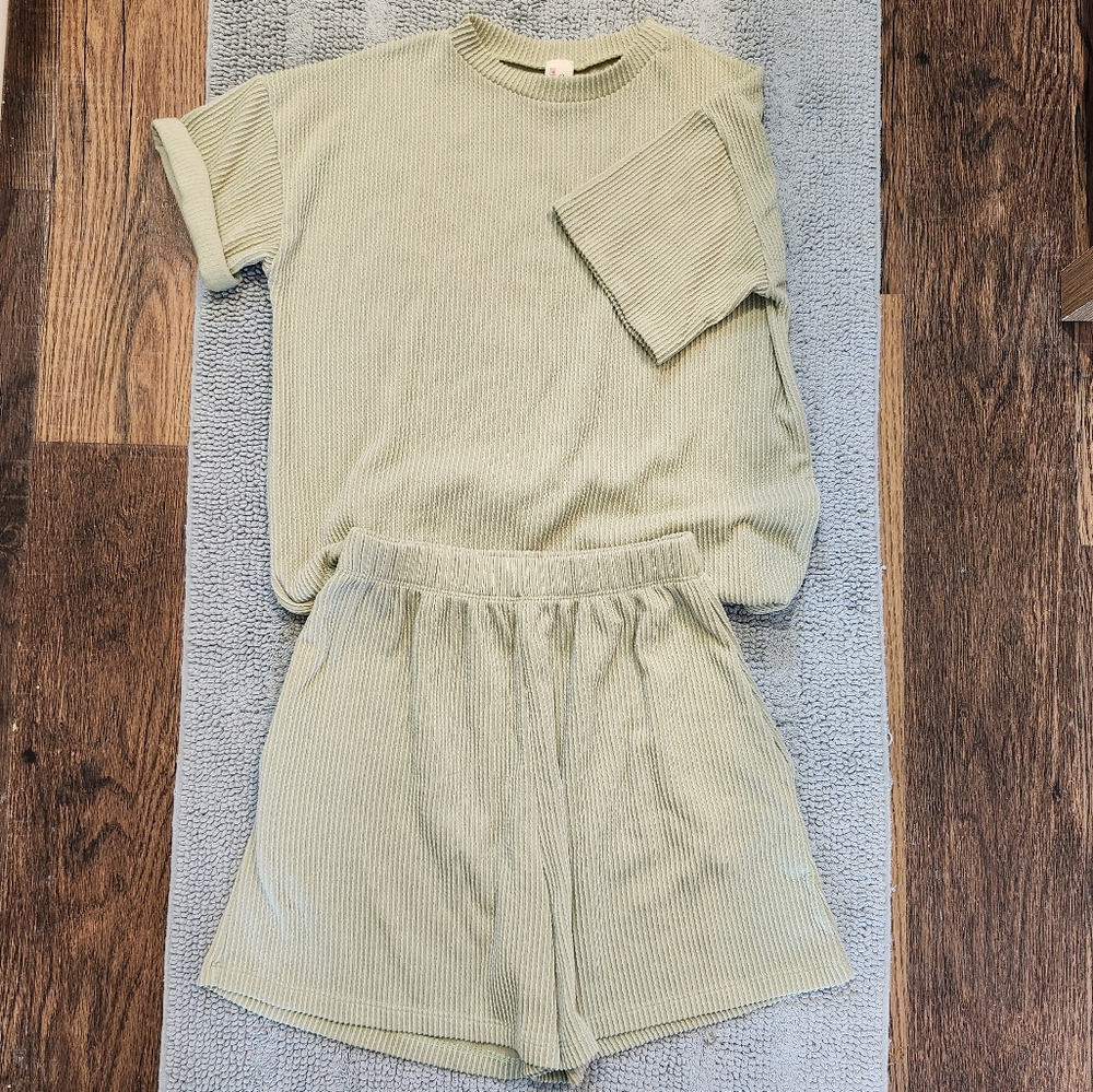 7th Ray Lime Green Ribbed Lounge Set, Size M, Made in USA